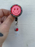 Happy face badge reel, glitter badge, Teacher badge Reel, Spring Badge , Nurse gift, name tag, anniversary gift, bling badge