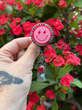 Happy face badge reel, glitter badge, Teacher badge Reel, Spring Badge , Nurse gift, name tag, anniversary gift, bling badge