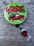 Christmas truck badge reel, X-mas badge, Christmas Tree badge, Stocking Badge,  Red Truck Badge, Chevrolet Badge, Man Badge, Men Badge