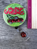 Christmas truck badge reel, X-mas badge, Christmas Tree badge, Stocking Badge,  Red Truck Badge, Chevrolet Badge, Man Badge, Men Badge