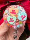 candy hearts badge reel, sweet heart badge, be mine badge, valentines badge, heart badge, candy badge, fun badge
