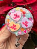 candy hearts badge reel, sweet heart badge, be mine badge, valentines badge, heart badge, candy badge, fun badge