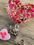 Glitter heart badge reel, sweetheart badge, be mine badge, Valentine's badge, heart badge, candy badge, fun badge, peds badge, be mine badge
