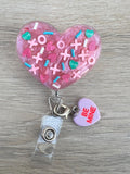 Xoxo badge, Candy hearts badge reel, sweetheart badge, be mine badge, Valentine's badge, heart badge, candy badge, fun badge, peds badge
