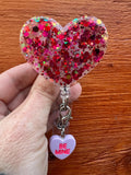 Glitter heart badge reel, sweetheart badge, be mine badge, Valentine's badge, heart badge, candy badge, fun badge, peds badge, be mine badge