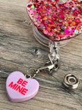 Glitter heart badge reel, sweetheart badge, be mine badge, Valentine's badge, heart badge, candy badge, fun badge, peds badge, be mine badge