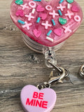 Xoxo badge, Candy hearts badge reel, sweetheart badge, be mine badge, Valentine's badge, heart badge, candy badge, fun badge, peds badge