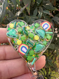 St Patrick heart badge reel, green heart badge, st Patty badge, lucky charm badge, March badge, glitter badge, four leaf clover badge