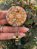 honey bee badge reel, yellow badge, glitter badge, resin badge, honeycomb badge, badge reel, bee badge
