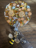 honey bee badge reel, yellow badge, glitter badge, resin badge, honeycomb badge, badge reel, bee badge