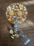 honey bee badge reel, yellow badge, glitter badge, resin badge, honeycomb badge, badge reel, bee badge
