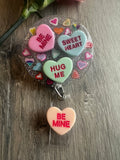candy hearts badge reel, sweet heart badge, be mine badge, valentines badge, heart badge, candy badge, fun badge