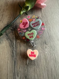 candy hearts badge reel, sweet heart badge, be mine badge, valentines badge, heart badge, candy badge, fun badge