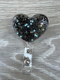 Black Glitter heart & Stars badge reel, heart badge reel, worker badge, ID badge, teacher badge, KeyFob holder, Goth badge, RN, LPN, Er Nuse