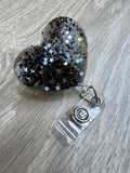 Black Glitter heart & Stars badge reel, heart badge reel, worker badge, ID badge, teacher badge, KeyFob holder, Goth badge, RN, LPN, Er Nuse