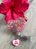 Glitter heart badge reel, sweetheart badge, be mine badge, Valentine's badge, heart badge, candy badge, fun badge, peds badge, be mine badge