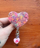 Glitter heart badge reel, sweetheart badge, be mine badge, Valentine's badge, heart badge, candy badge, fun badge, peds badge, be mine badge