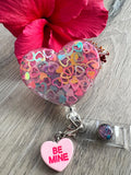 Glitter heart badge reel, sweetheart badge, be mine badge, Valentine's badge, heart badge, candy badge, fun badge, peds badge, be mine badge