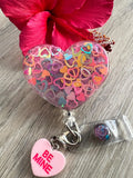Glitter heart badge reel, sweetheart badge, be mine badge, Valentine's badge, heart badge, candy badge, fun badge, peds badge, be mine badge